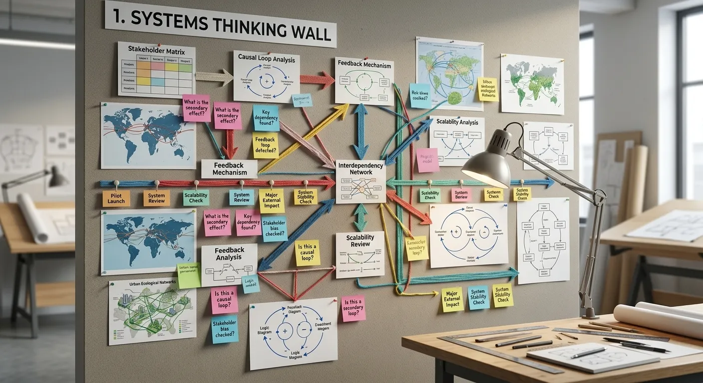 A systems-thinking wall of maps, diagrams and connected notes