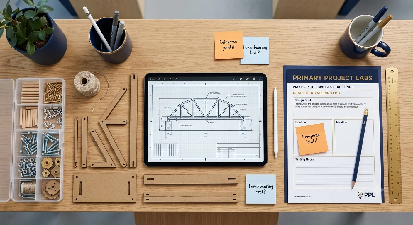 A structured project desk with a design brief, tools and a tablet showing a bridge plan