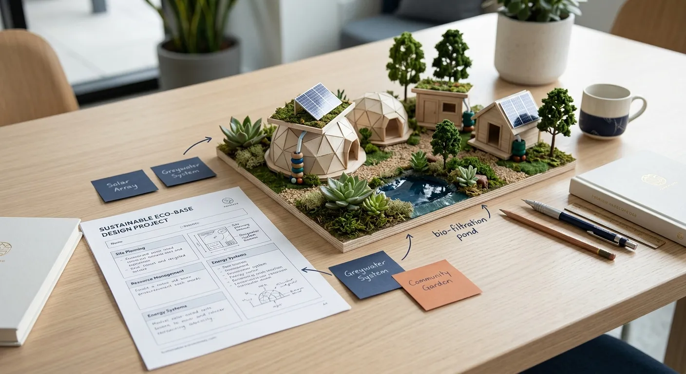 A project model and planning cards arranged on a design desk