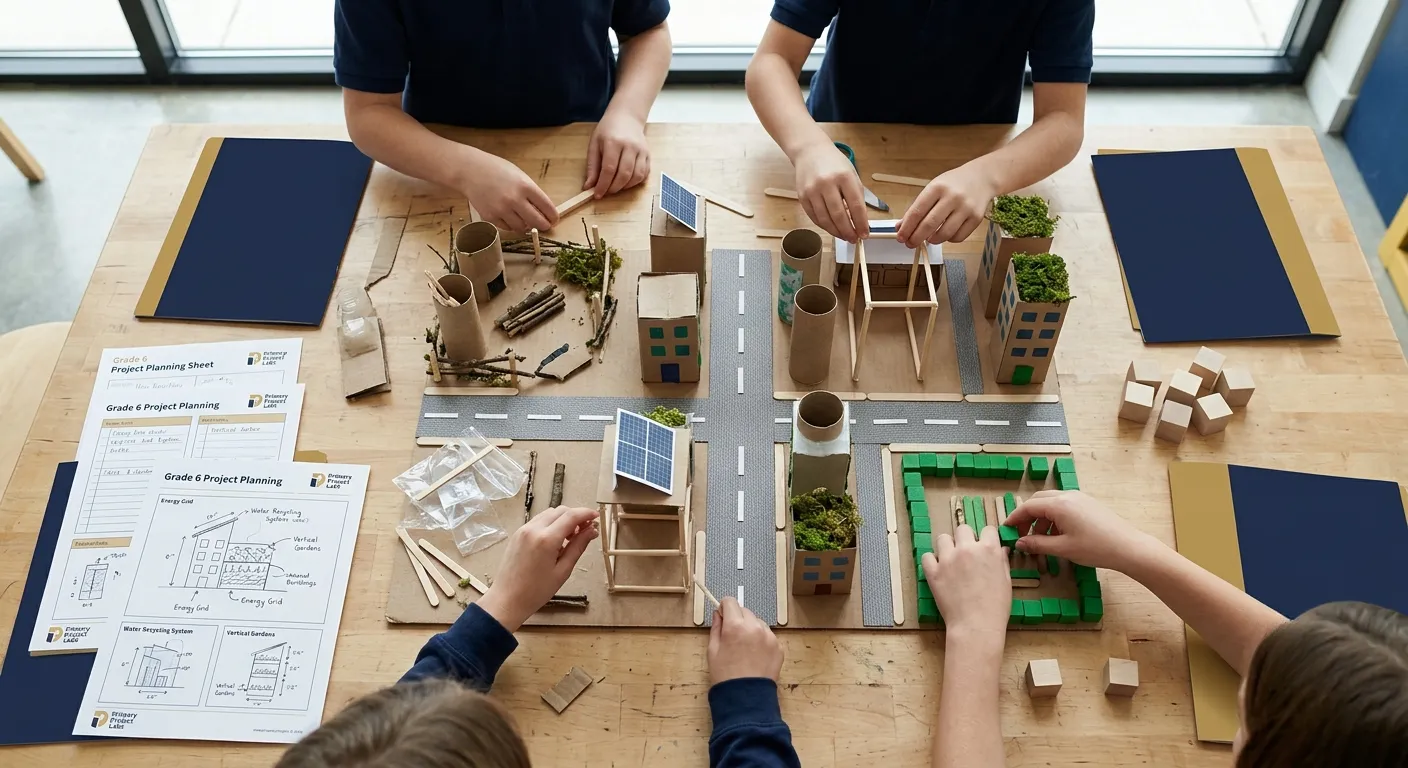 Learners’ hands laying out a model street on a project table