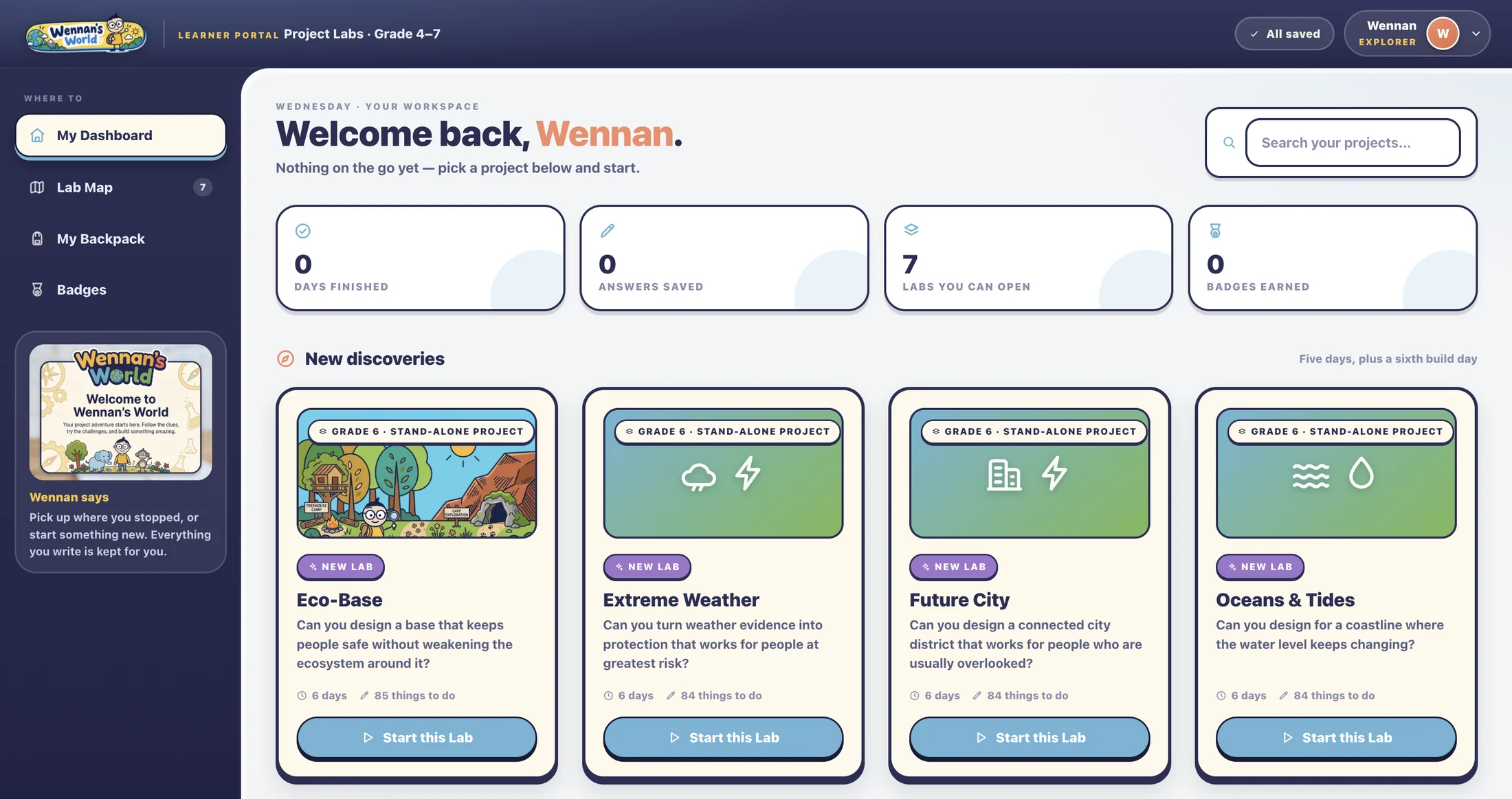 The PPL Portal learner dashboard: progress tiles, the Lab Map and Backpack menu, Wennan's welcome panel and the new Eco-Base, Extreme Weather, Future City and Oceans and Tides Labs ready to start