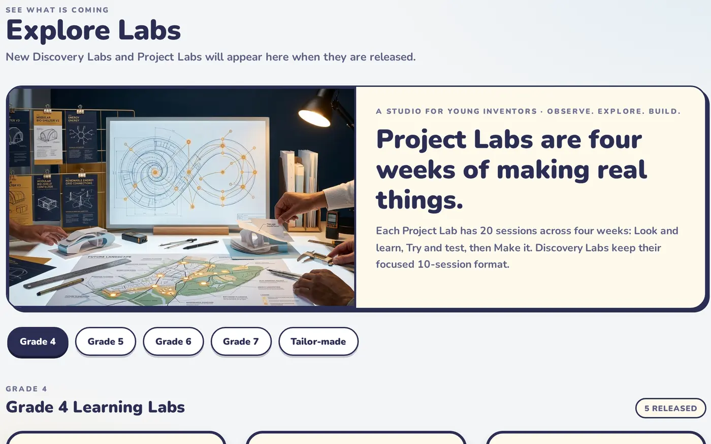 The Explore Labs page in the Wennan’s World Portal, with Project Labs grouped by Grade 4 to 7 and Tailor-made