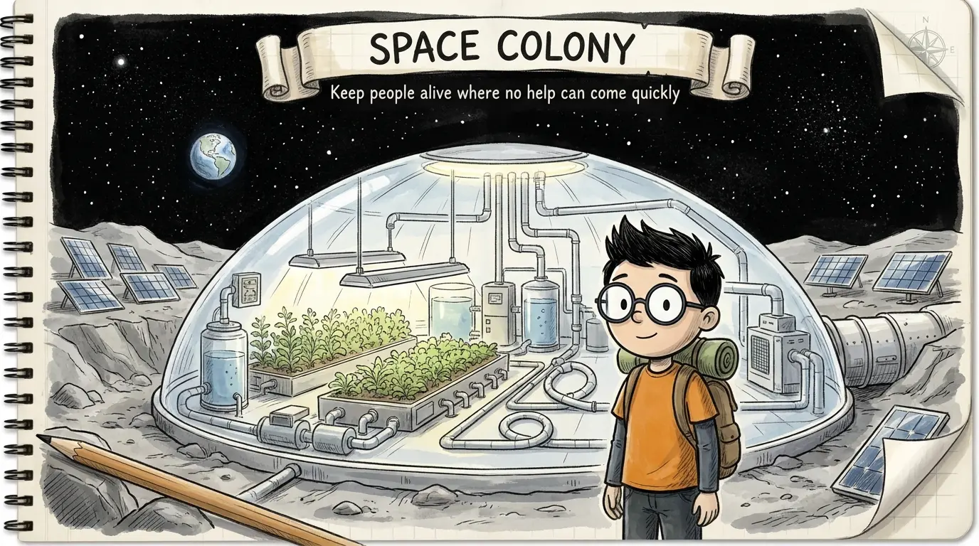 Space Colony Lab illustration: a learner beside a lunar greenhouse dome, planning how to keep people alive