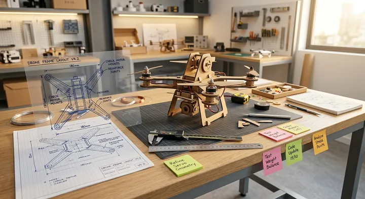 An after-school project table with models, plans and tools