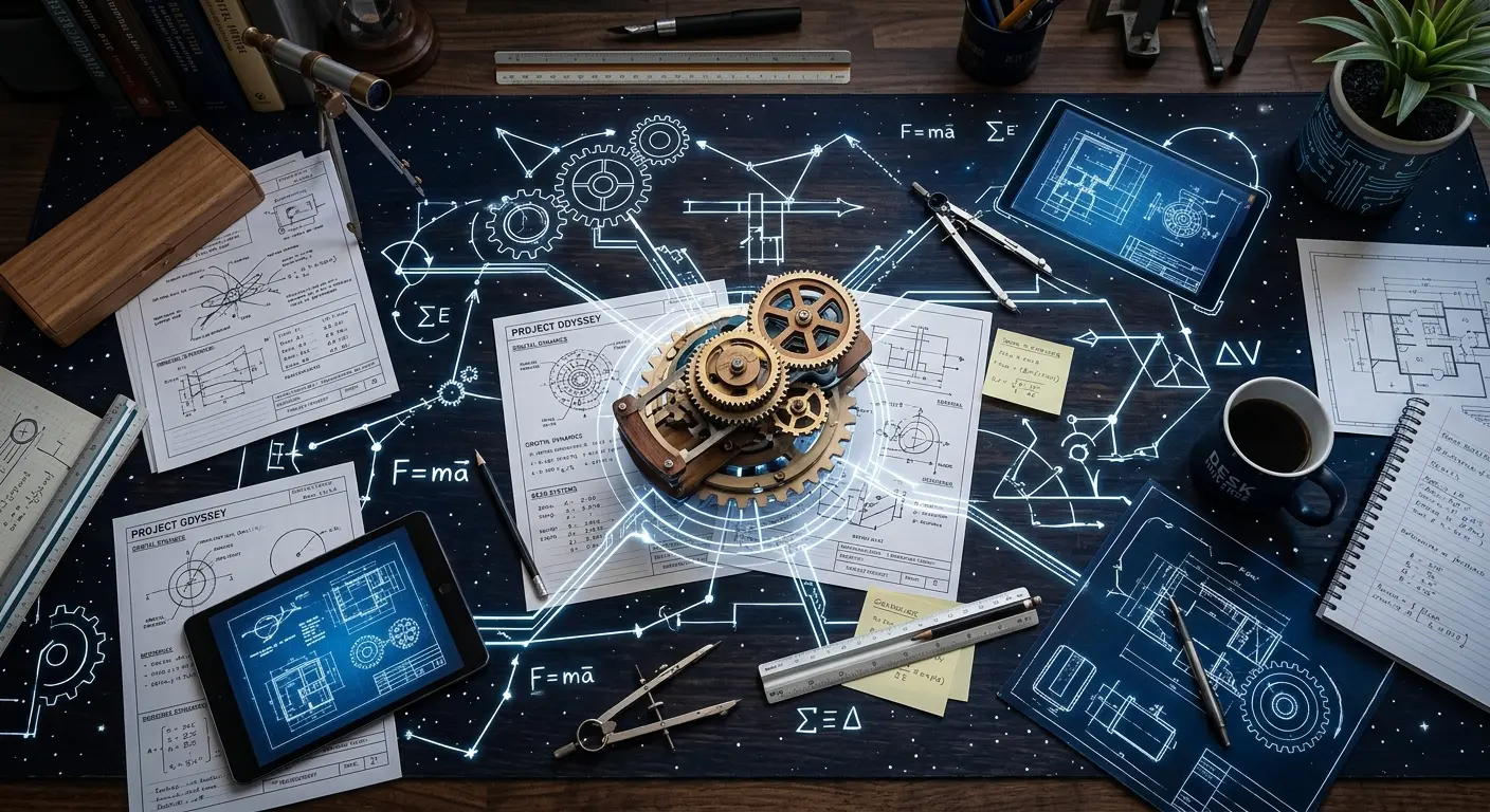 A project desk of engineering sketches, tablets and a brass gear model at the centre