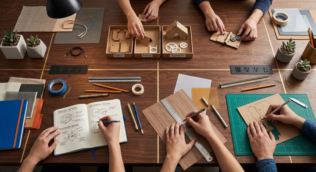 Learners building and sketching a hands-on design project together